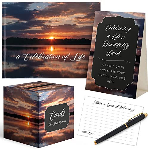 All-In-One Funeral Guest Book Set – Elegant Memorial Guestbook, Funeral Register Book, 60 Memory Cards, Collection Box, Black Pen, Table Sign, Celebration of Life Guest Book, Memorial Keepsake