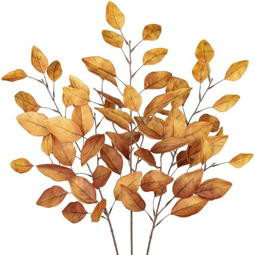 Arborus 28.7 Artificial Autumn Eucalyptus Stems Leaves, 3PCS Faux Eucalyptus Yellow Leaf Autumn Stems Fake Fall Leaves Autumn Decorations for Home Table Centerpieces Thanksgiving Halloween Decor