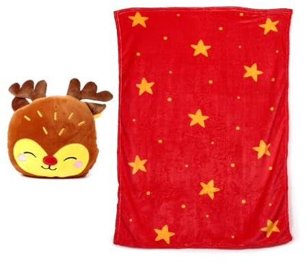 Puckator Cuscino Natalizio in Peluche 2 in 1 con Morbida Copertina Blankeazzz - Renna Rudolph - Amici del Natale