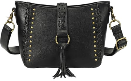 LUXCAELY Umhängetasche und Schultertasche für Damen, Retro- und moderner Stil, Dekorative Nieten und Quaste, PU-Leder – Ideal für Schule, Arbeit und Einkaufen - Schwarz