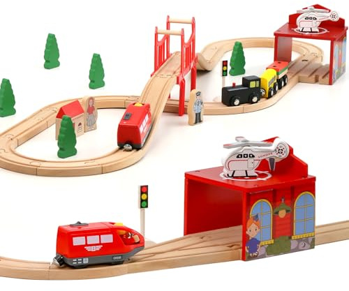 EVERGD Wooden Train Track Toy Set for Toddler 46PCS Busy City Expandable & Changeable Wooden Train Railway Tracks Toy Compatible with Major Brands Best Gift for Kids Boys Girls