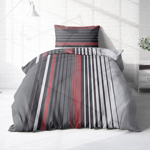 Bettwäsche aus Baumwolle 2tlg. 135x200 + 80x80 cm Streifen anthrazit rot