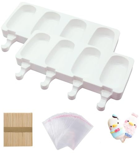 Eisformen Eis Am Stiel Silikon 2 Stück, Eis am Stiel Formen mit 4 Hohlräumen & Cake Pop Backform – Inkl. 50 Holzstielen + 50 Beuteln | BPA-frei, Spülmaschinengeeignet für Eis, Kuchen & Schokolade