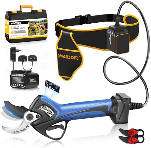 SWANSOFT Batteridriven grensax 40 mm, 21 V elektrisk trädgårdssax och grensax 1 050 W, med 4 000 mAh batterier x 2, borstlös motor, LCD-display – för exakta träd, grenar och fruktträdgårdar (blå)