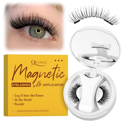 QUEWEL Magnetic-Eyelashes with Applicator, 1 Pair Upgrade Magnetic-Lashes No Glue or Eyeliner Needed, Reusable Eyelashes Magnetic Easy to Wear and Remove (Magnetic Lashes Style NZ-A)