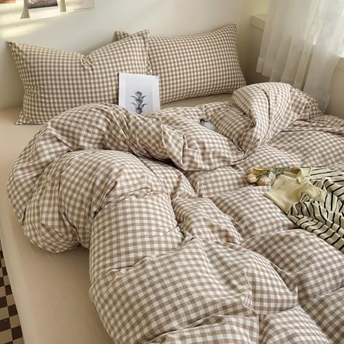 Covebett Set di biancheria da letto matrimoniale con copripiumino a quadretti marroni e bianchi, in microfibra lavata, 200 x 200 cm, con chiusura a cerniera e 2 federe da 50 x 75 cm