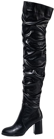 Allbestop Cuissarde, Cuissardes Cuir Femme Botte au Dessus Du Genou Femme Botte Haute Noire Botas à Plateforme de Talon Carré Para Mujer Boot Cuir Bottes Compensées à Plateforme pour(Noir,39)