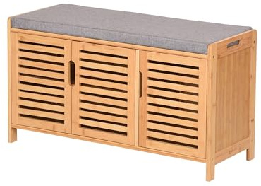 AD.CON Banco zapatero de bambú con banco de asiento y 3 cajones, cojín de asiento, armario de almacenamiento para pasillo, entrada 50x90x35cm (Gris)