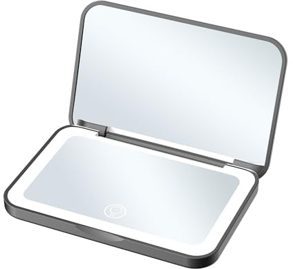 CHICGADGETS Miroir de Poche, Grossissant 1X/2X, Bande LED à lumière Douce Tricolore, La luminosité de l'éclairage est réglable (de 5% à 100%), Batterie intégrée, Chargement de Type C, Blanc, Noir