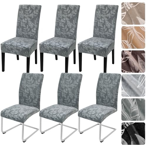Alishomtll Dining Chair Covers 6 Pack,Stretch Velvet Chair Slipcovers | Dark Grey Leaf Print, Elastic Removable and Washable Chair Protector for Dining Room, Kitchen, Banquet and Party