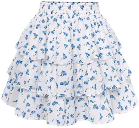 SCARLET DARKNESS Women's Mini Skirt Floral Chiffon Skorts Elastic Waist Summer Skirts with Shorts for Beach Club Party White Blue Floral XXL