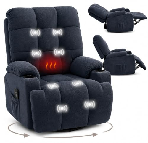 FLEXISPOT Recliner Chair Swivel Rocking Chair with Massage & Heat, Electric Recliner Armchair for Elderly, 270° Swivel Sofa with Oversized Padded Seat, USB Charging, Side Pockets,XR7 CURVE(Dark Blue)