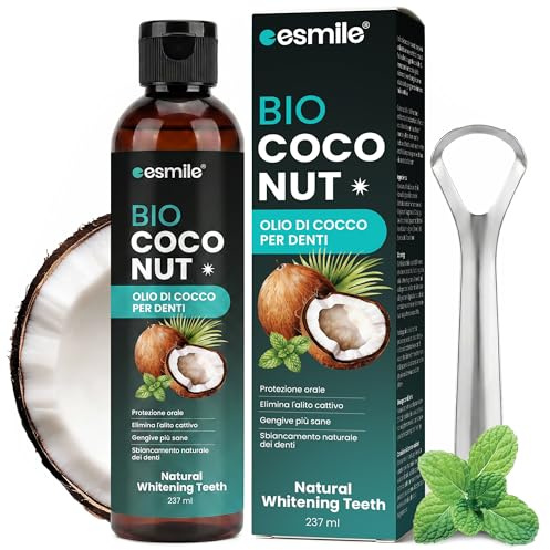esmile Bio Coconut | Olio di Cocco Biologico per Denti 237ml + Pulisci Lingua | Oil Pulling Sbiancante