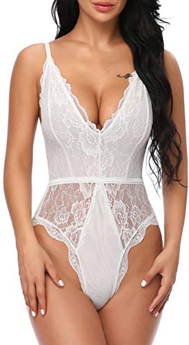 EVELIFE Body Mujer Erótica Ropa Interior Lingerie Sexy Lenceria Encaje Floral Cuello V Una Pieza Lencería Transparente(Blanco S)