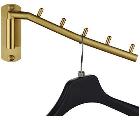 JQK Folding Clothes Hanger Rack, Stainless Steel Swing Arm Hook Holder, Clothing Hanging System Drying Closet Storage Organizer Brushed Gold Wall Mount, SHR100-BG