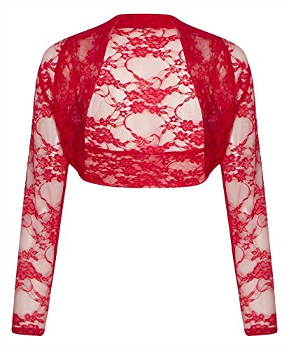 Candid Styles Womens Long Sleeve Lace Detail Ladies Bolero Cropped Shrug Top Cardigan 8-26, One Size 8-14, Red - Womens Long Sleeve Lace Shrug