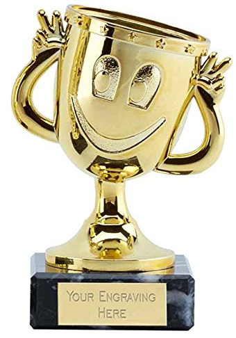 TROPHIESPLUSMEDALS Personalised Mini Smiley Man Cup Trophy - 11cm | Small 4 3/8 Gold First Place Award Winner Trophies for Party, Sports, School & Games Reward | Includes Free Metal Plate Engraving