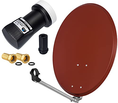 Système satellite numérique HD 60 cm en acier avec miroir rouge brique + LNB simple 1 participant pour la réception des signaux DVB-S/S2 Full HD 3D 4K Ultra HD (UHD) + fiche incluse dans le kit