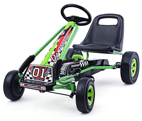 COSTWAY Kart à Pédale Enfant avec Siège Réglable & Freins à Main, Vélo d’Enfant avec 4 Roues en EVA, Charge 30kg pour Enfants de 3-8 Ans, 98x59x61 cm