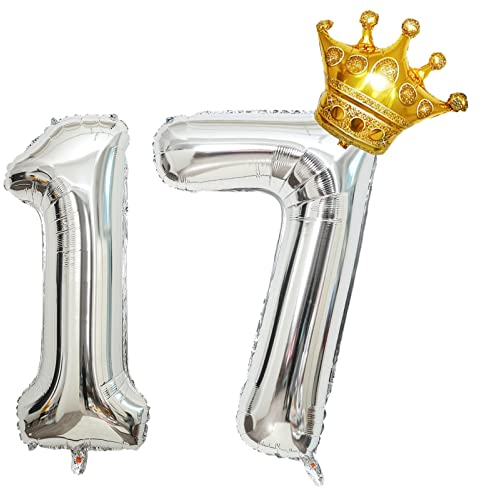 Luftballons Zahl 17 Silber, Riesen Folienballon 17 Geburtstag, Helium Ballons Krone Gold, 40 zoll Aufblasbar Zahlenballon 17 für Geburtstag, Hochzeit, Jubiläum Party Dekoration (XXL 100CM)