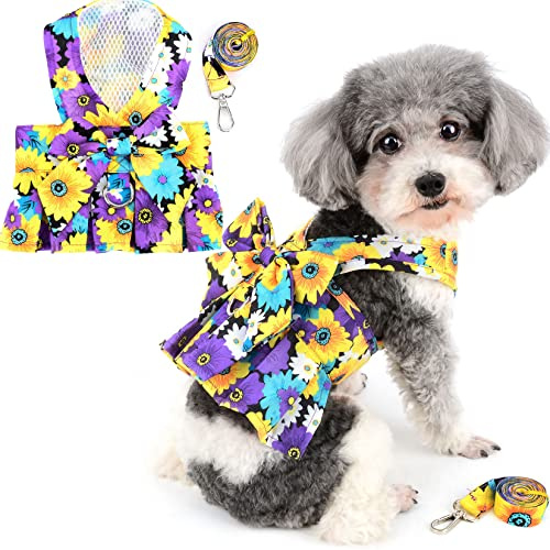 Zunea Harnais Robes pour Petits Chiens Filles Anti Traction Maille Chiot Gilet Harnais avec Laisse Fleurs Princesse Robes Nœud Vêtements avec Anneau en D pour La Marche pour Chat Chihuahua Violet L
