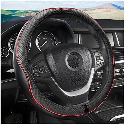 Leather Steering Wheel Cover, Soft Breathable Anti Slip, Universal Fit 15 Inch Car, Truck, SUV (Black/Red Line)