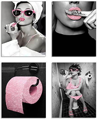 zaixko Wandkunst, modische rosa Badezimmer-Dekoration, 4 Stück, Leinwanddrucke, wasserdicht, glamourös