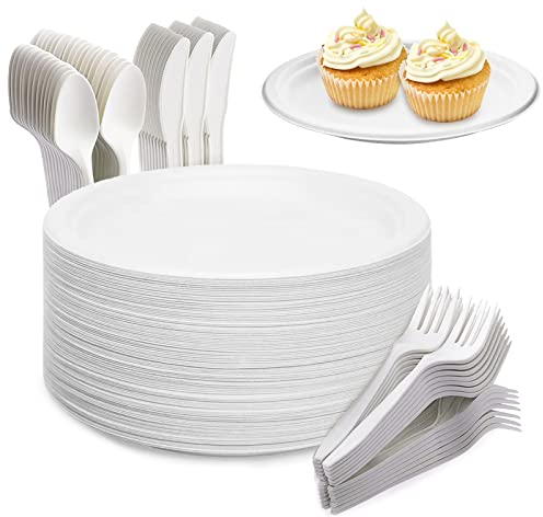 Yidaxing Vajillas Desechables, 200 Piezas Incluyendo 50 Platos 50 Tenedores 50 Cuchillos y 50 Cucharas Ecológica de Caña de Azúcar, Vajilla para Cumpleaños, Fiestas, Cámping, Picnic(17.8cm Blanco)