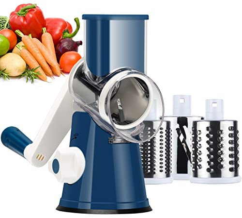 Ourokhome Râpe à fromage rotative,Mandoline ronde,Déchiqueteuse manuelle avec 3 lames de tambour,Moulin à noix rapide manuel de cuisine pour pommes de terre, carottes, noix, courgettes (bleu foncé)