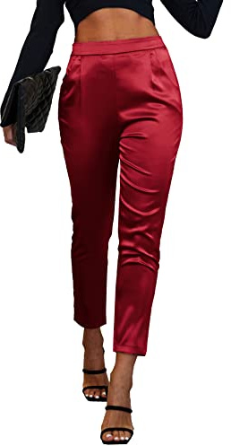 heipeiwa Pantaloni da donna in raso casual plissettati, pull on, pantaloni a vita alta, larghi sul davanti, pantaloni affusolati, XX-Large