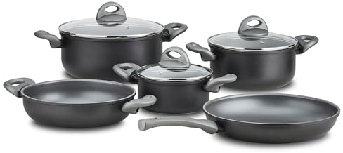 KHG Topf- und Pfannenset 5-teilig Induktion Antihaftbeschichtung Spülmaschinengeeignet - geschmiedetes Aluminium Schwarz - Kochtöpfe mit Glasdeckel, Servierpfanne, Bratpfanne