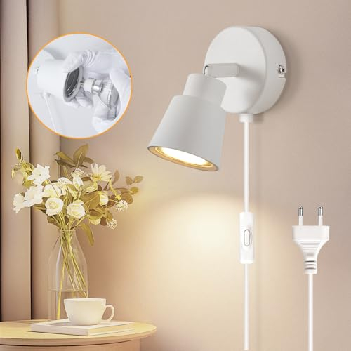 TaFiCo Applique da Parete con Spina e Cavo Bianco GU10 - Lampada da Muro Interno Moderna Ruotabile 350° - 50W Abat Jour da Muro per Camera da Letto Soggiorno Corridoio - Senza Lampadina