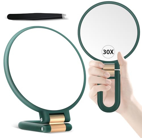 B Beauty Planet 30X Magnifying Mirror, Hand Mirror with Handle, Double Sided Hand Mirror with 30X/1X Magnification, Travel Essential Portable Foldable Makeup Mirror for Precision MakeupGreen