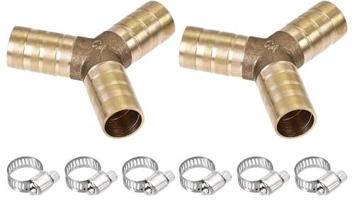 TOP-VIGOR 2Pcs 12mm Brass Barb Hose Fitting, Y Shape Barbed Splitter Fitting Pipe Connector with 6Pcs 9-16mm Hose Clamps for Water Fuel Air