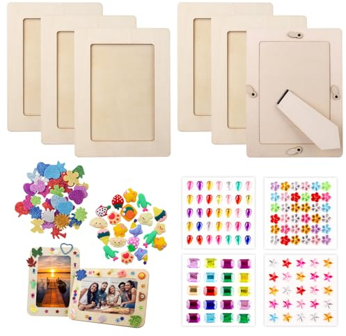XIATIAN 6 Pièces Cadres Photo en Bois, 15x20cm Cadre Photo à Décorer, Cadre Photo DIY avec Paillettes Autocollants pour Cadre Photo Personnalisé, Créatif Projet de Dessin