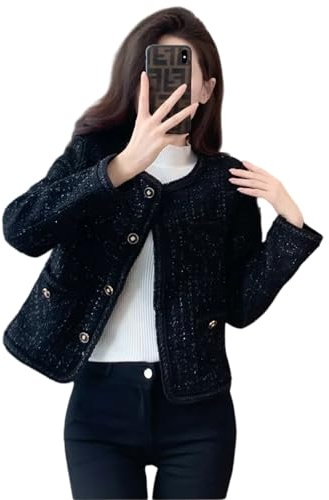 AUKLETBLIEF Blazer court en tweed pour femme - Élégant costume décontracté pour le printemps et l'automne, parfait pour le travail et les loisirs, Noir , M