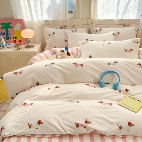 Covebett Bettwäsche 135x200 Kinder Dackel Gestreift Rosa Weiß Dackelmotiv Kawaii Mädchen Wendebettwäsche Set Dachshund Hund Streifen Microfaser Bettbezug und Kissenbezug 80x80cm Reißverschluss
