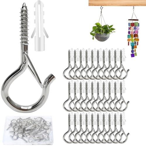 AGOISET 30 st skruvkrokar, träskruvkrokar med säkerhetsspänne, takkrokar för hängande föremål, växter, fågelhus, vindklockor och utomhusljus (silver)