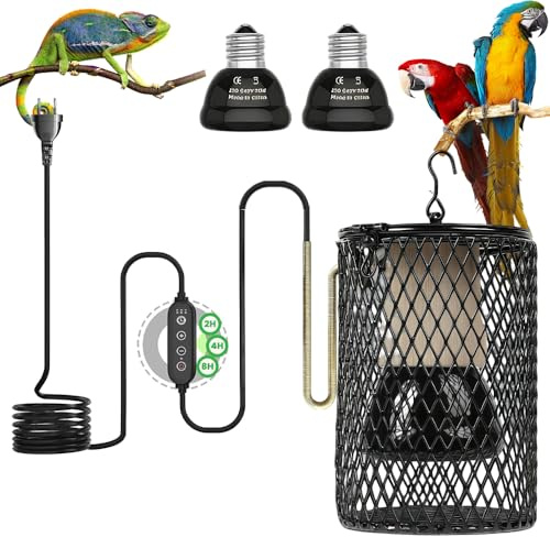 Calenxy Lampe Chauffante pour Reptiles, Lampe Chauffante Tortue avec Panier de Protection & Minuterie, Température Réglable (2 Ampoules Céramiques 50W/75W) – Pour Tortue, Oiseaux, Caméléon, Lézard