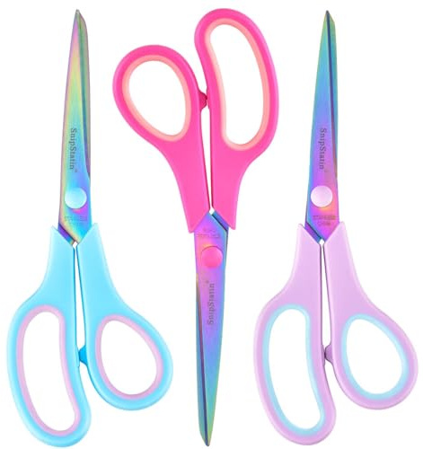 SnipStation 8.5 Multipurpose Office Scissors Heavy Duty, Titanium Coating Sharp Blades, Ergonomic Semi-Soft Rubber Grip, Scissors All Purpose for Sewing, School, Fabric, Art Craft Supplies, 3-Pack