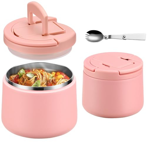 Itslife Termo para Comida 420ml, Recipiente Térmico para Comida con Cuchara, Acero Inoxidable Fiambrera Termica Infantil y Adultos, Contenedor Térmico para Picnic, Escuela y Oficina, Rosa