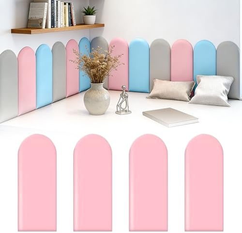 Chingcoo 4 stycken 3D-väggpaneler, 20 x 40 cm väggstoppning självhäftande, stoppad PU vattentät väggstoppning barnrum, väggpanel väggklistermärken, anti-kollisioner huvudgavel säng (rosa)