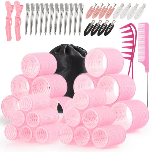 Bighan Kit de 53 Bigoudis Cheveux Auto-Agrippants Rose