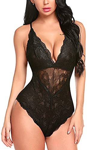 Avidlove Snap Crotch Lingerie Women Deep V Lace Teddy Bodysuit One Piece Babydoll(Black,L)