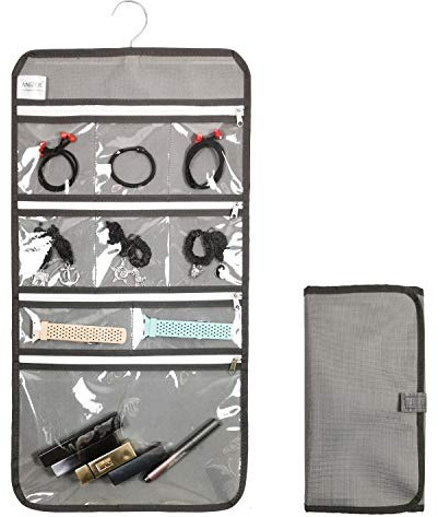 ANIZER Travel Foldable Jewelry Rolls Bag Hanging Jewelry Organizer with 9 Zippered Clear Pockets Storage Pouch with Rotatable Hanger (GREY)
