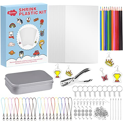 Warckon 200 Pieces Shrink Plastic Sheet Kit Include 20 Blank Sheets Shrinky Art Paper,Hole Punch,165 Keychains Accessories,12 Colored Pencils for Kids DIY Ornaments Creative Handmade Craft
