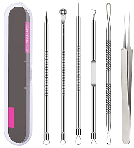 Pimple Popper verktygssats, 6 st pormaskborttagare akne nål verktygssats borttagningsbehandling Comedone whitehead poppande zit för näsa ansikte hud fläckar extraktor verktyg – silver