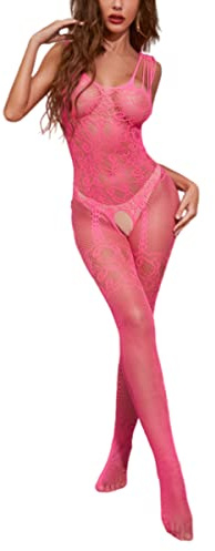MissDaisy-Women's Sexy Mesh BodyStocking Fishnet Lingerie Bodysuits One Piece Jumpsuit Underwear Nightwear (Hot Pink)