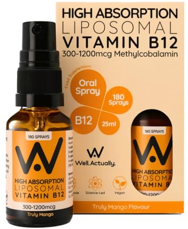 WELL ACTUALLY Liposomal Vitamin B12 Oral Spray 1200mcg - High Strength Methylcobalamin Supplement, Fast Absorbing, Methylated Vegan VIT B 12, Energy & Brain Support - Truly Fruity Mango (180 Sprays)