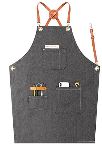ALCKO Arbeitsschürze, Multifunktional Gewachst Canvas Wasserdicht Ölbeständig Schweißerschürze Mit Werkzeugtaschen Überkreuz Träger for Holzbearbeitung Basteln Malen (Color : Grey, Size : XL)